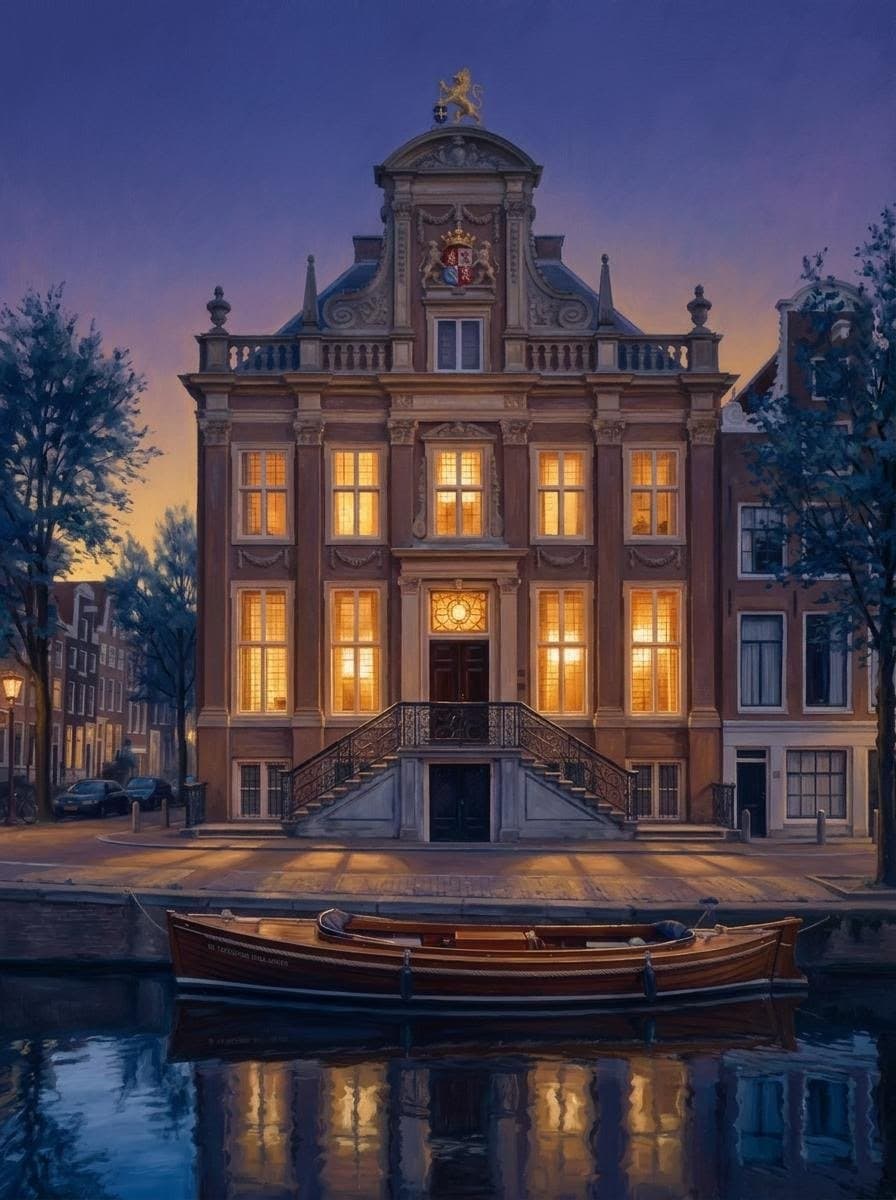 Statig Amsterdams stoeppand in warm avondlicht, stijl Gouden avond