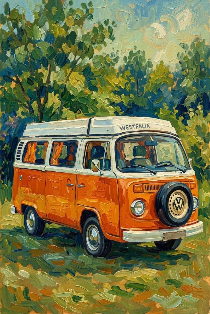 Klassieke Volkswagen T2-camper als Van Gogh-schilderij
