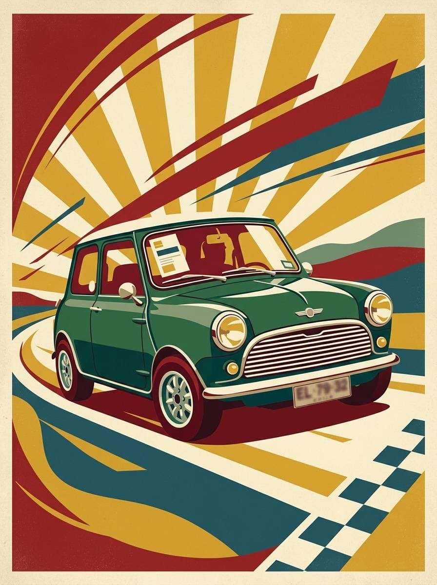 Klassieke Mini Cooper als vintage raceposter