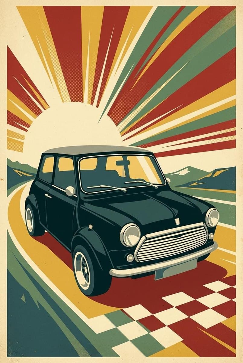 Klassieke Mini als vintage raceposter