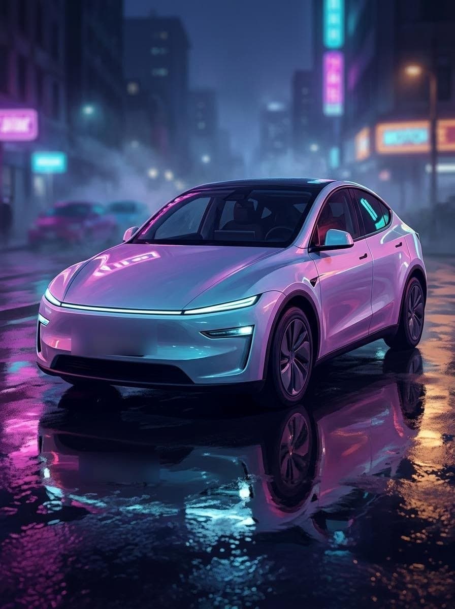 Tesla Model Y als neon-nachtkunstwerk in een regennatte stad