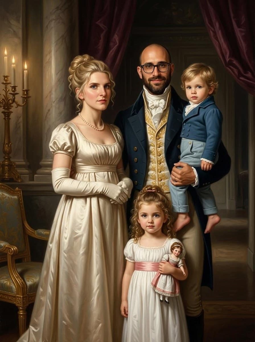 Jong gezin met twee kinderen als aristocratisch landhuisportret