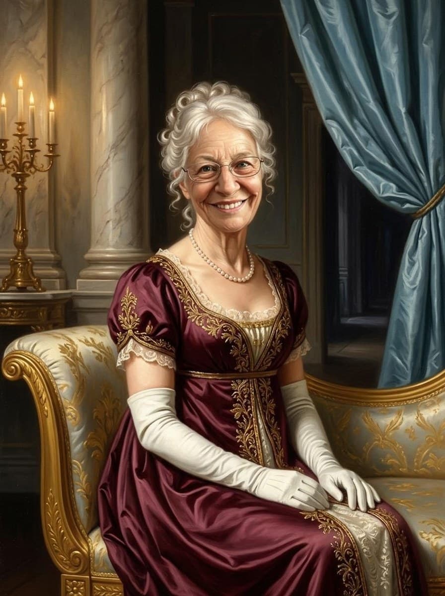 Portret van een oudere dame in empire-japon bij kaarslicht