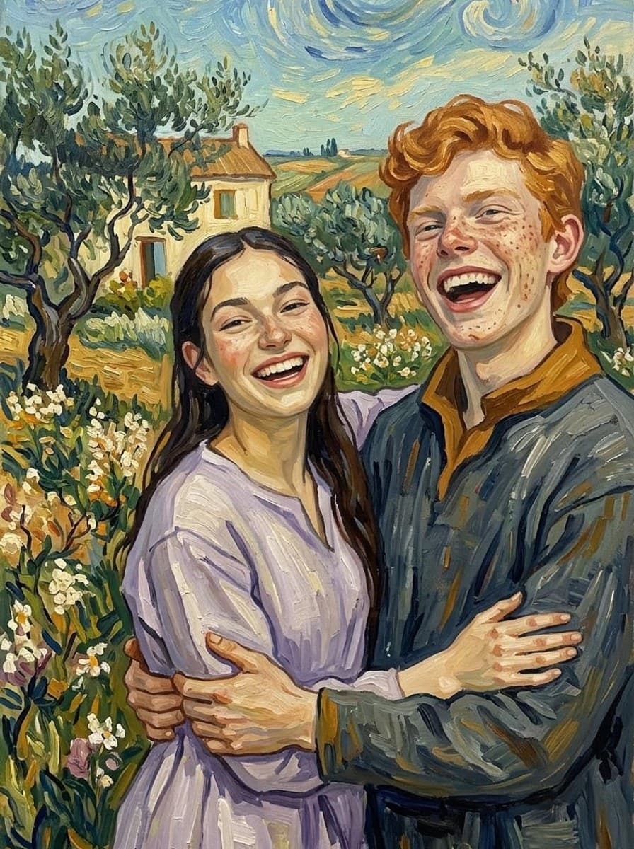 Twee lachende tieners als Van Gogh-schilderij