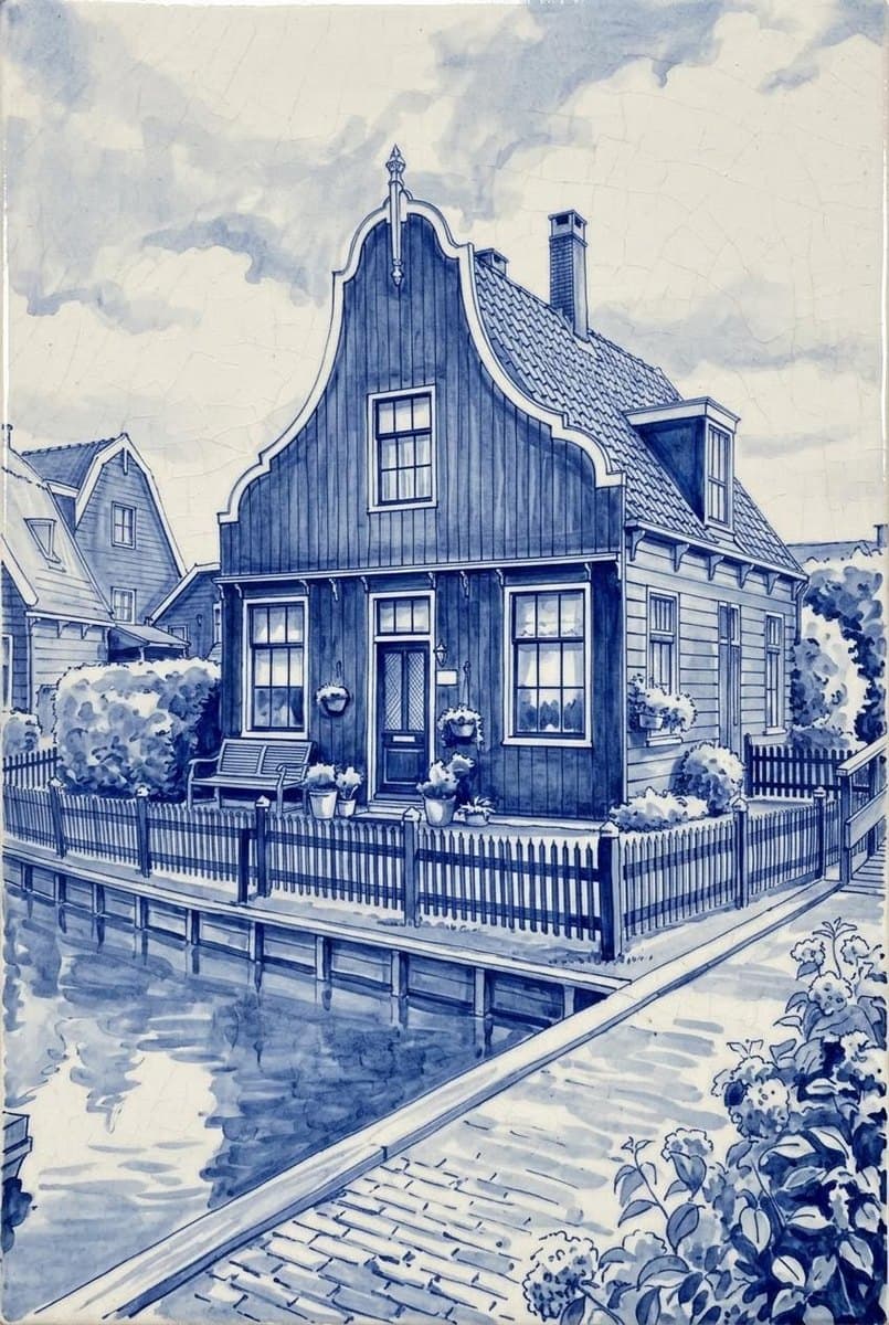 Zaans huisje als Delfts-blauw tegeltableau