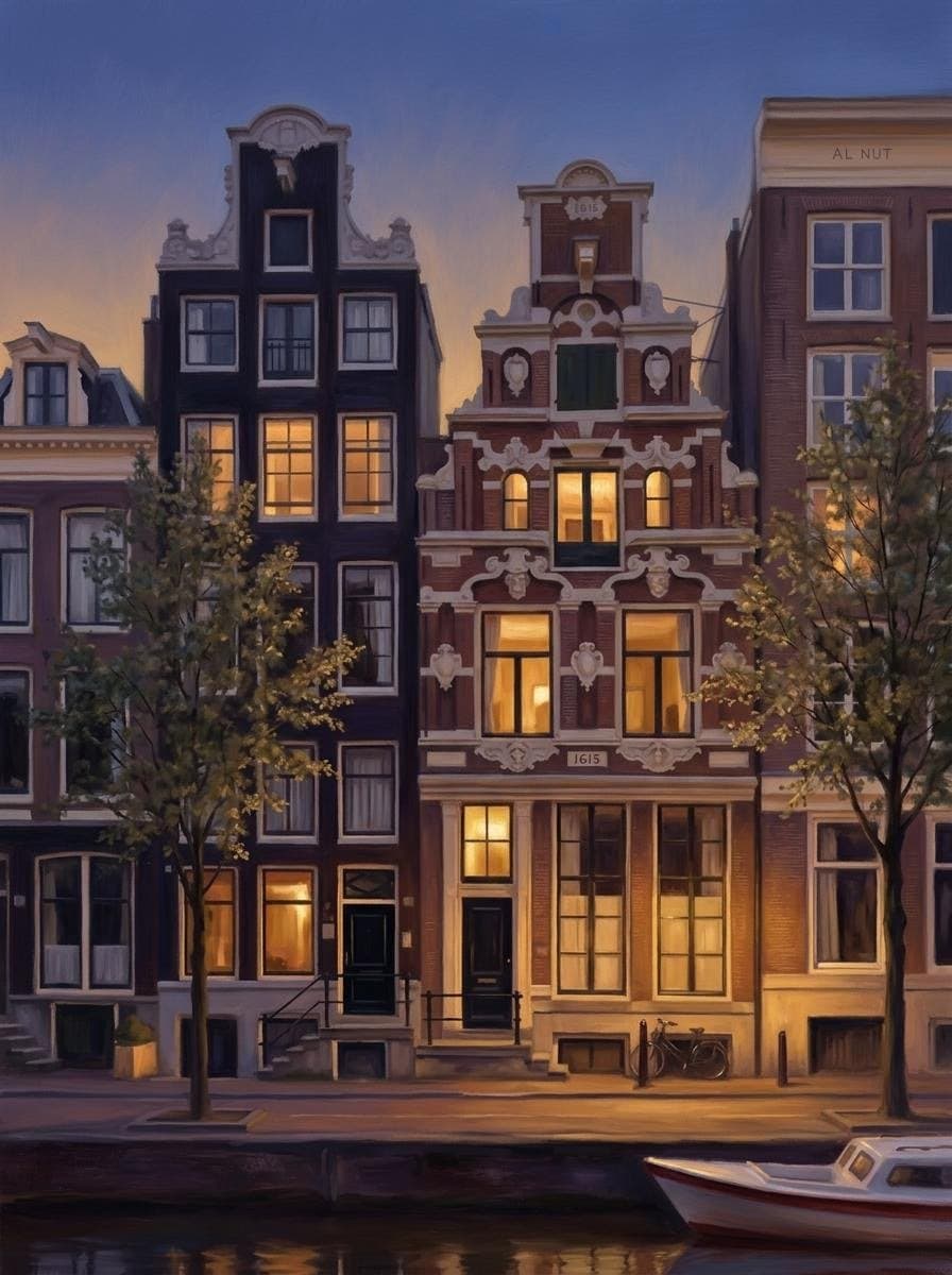 Woonhuis in warm avondlicht, geschilderd in de stijl Gouden avond