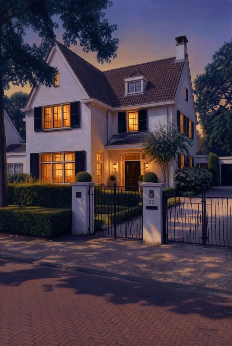 Luxe villa in warm avondlicht, stijl Gouden avond