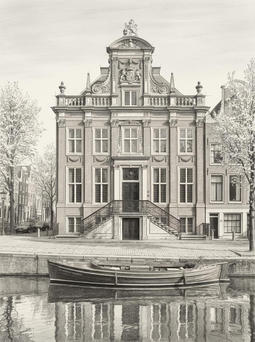 Statig Amsterdams stoeppand als potloodschets