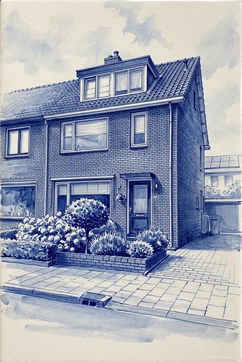 Vrijstaand familiehuis als Delfts-blauw tegeltableau
