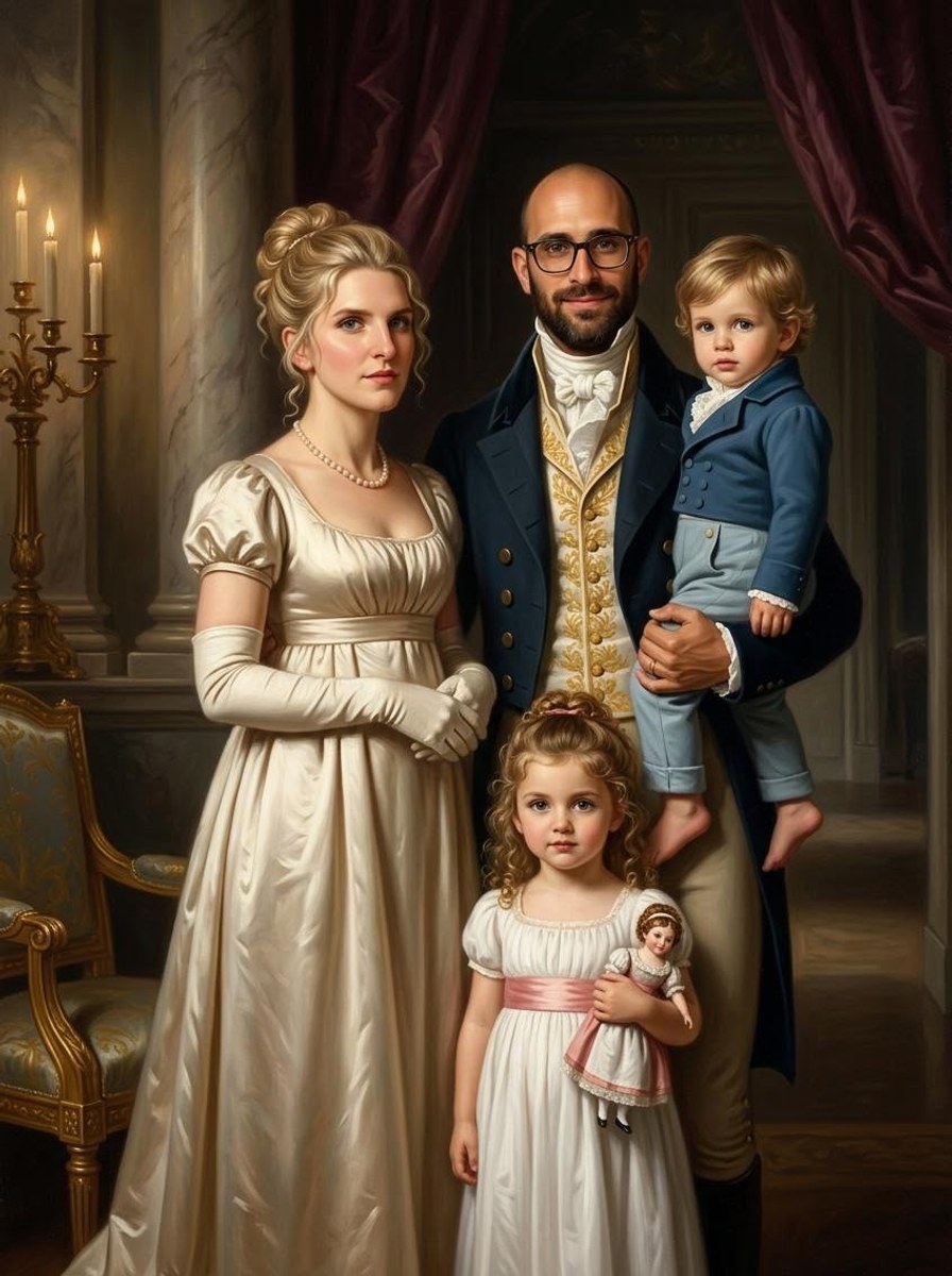 Jong gezin met twee kinderen als aristocratisch landhuisportret
