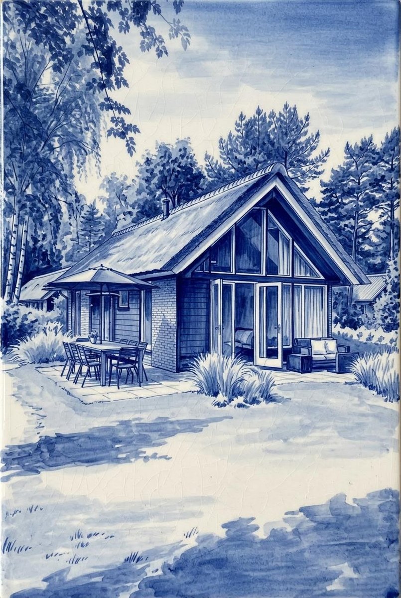 Vakantiehuisje als Delfts-blauw tegeltableau